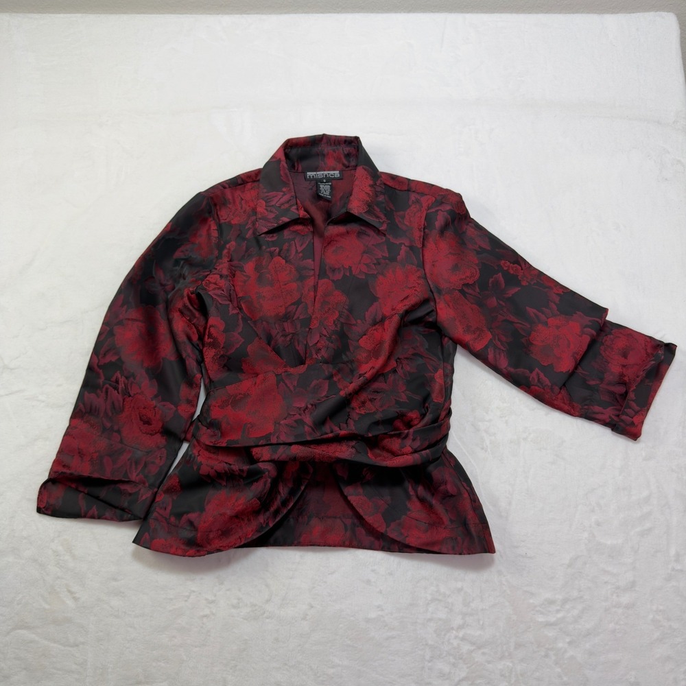Mishca Vintage  Floral Jacquard Wrap Blouse Red Black Womens S